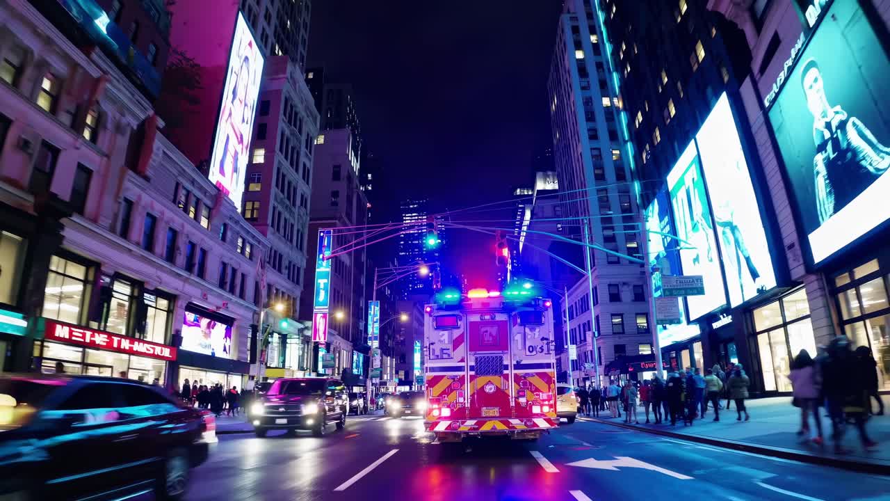 Firetruck racing through Times Square at night, surrounded by vibrant illuminated billboards, bustling traffic, and pedestrians navigating the lively sidewalks of New York City