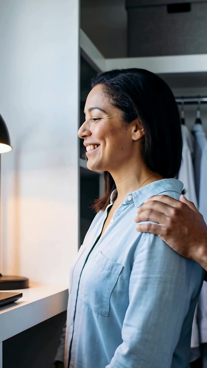Vertical video: Entering partner touching her shoulder at desk for comfort with lamp laptop shirt