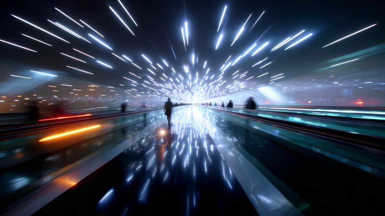 Captivating Journey Through a Vibrant Light Tunnel, Showcasing Dynamic Motion and Ethereal Reflections, Creating an Immersive Perspective That Transports Viewers Into a Dreamlike Atmosphere of Wonder