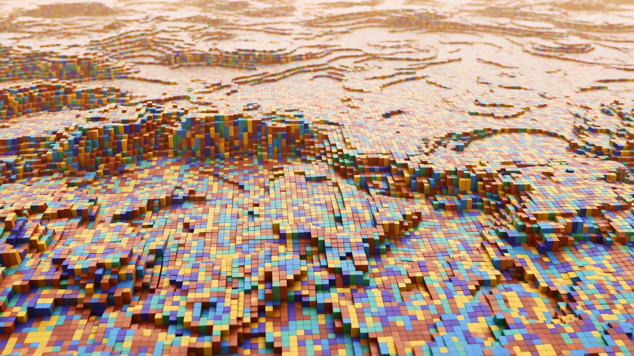 Low oblique view shows abstract landscape built from thousands of glossy cubes, shifting from tall dense clusters in foreground into flatter mosaic plateaus, with soft pastel color, shadow, and depth