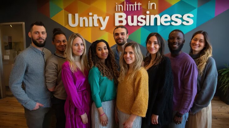 Foto di gruppo del team Unity Business in ufficio