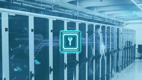 animation of key in square, circuit board pattern and connected dots over data server racks