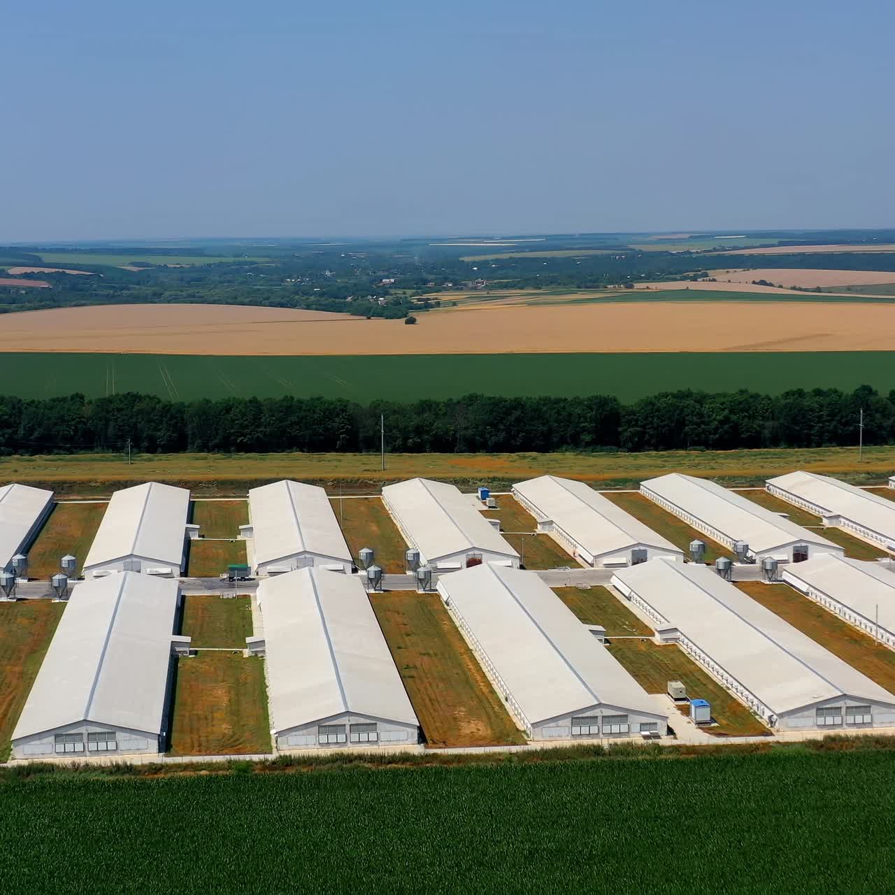 Aerial view of agricultural buildings on the field. Huge territory of manufacturing in nature