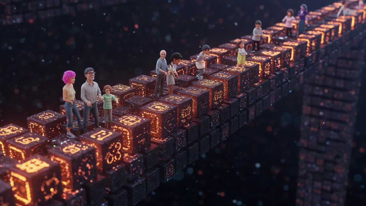 A Diverse Group of People Walking on a Floating Digital Bridge, Surrounded by Glowing Cubes and a Futuristic Environment, Showcasing Innovation and Community Connectivity