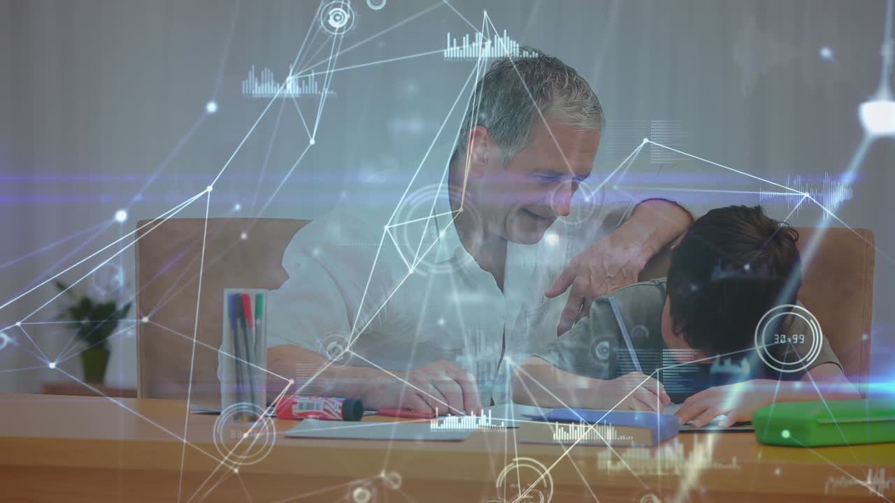 анимация мальчика и его старшего учителя через сеть соединений на заднем плане