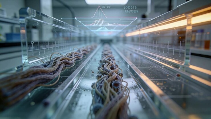 Tracking camera moving braided filament along channel after HUD appearing, analyzing beads