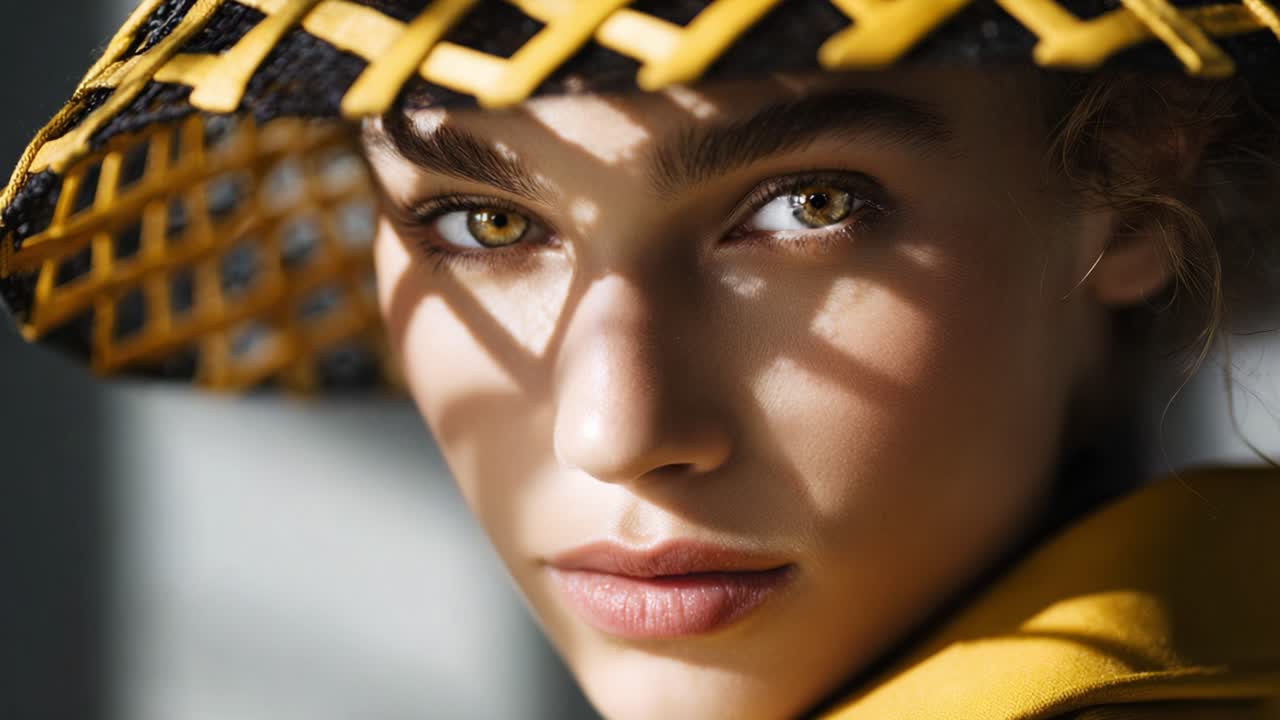 Captivating Close-Up Portrait of a Woman Wearing a Stylish Hat with Intricate Design and Striking Facial Features Enhanced by Soft Lighting and Engaging Expression