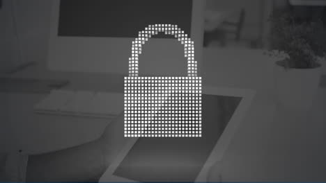 animation of digital padlock and cloud over computers in office