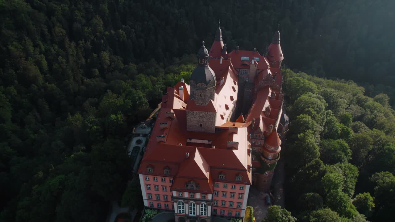 Vista aerea di un magnifico castello in una foresta