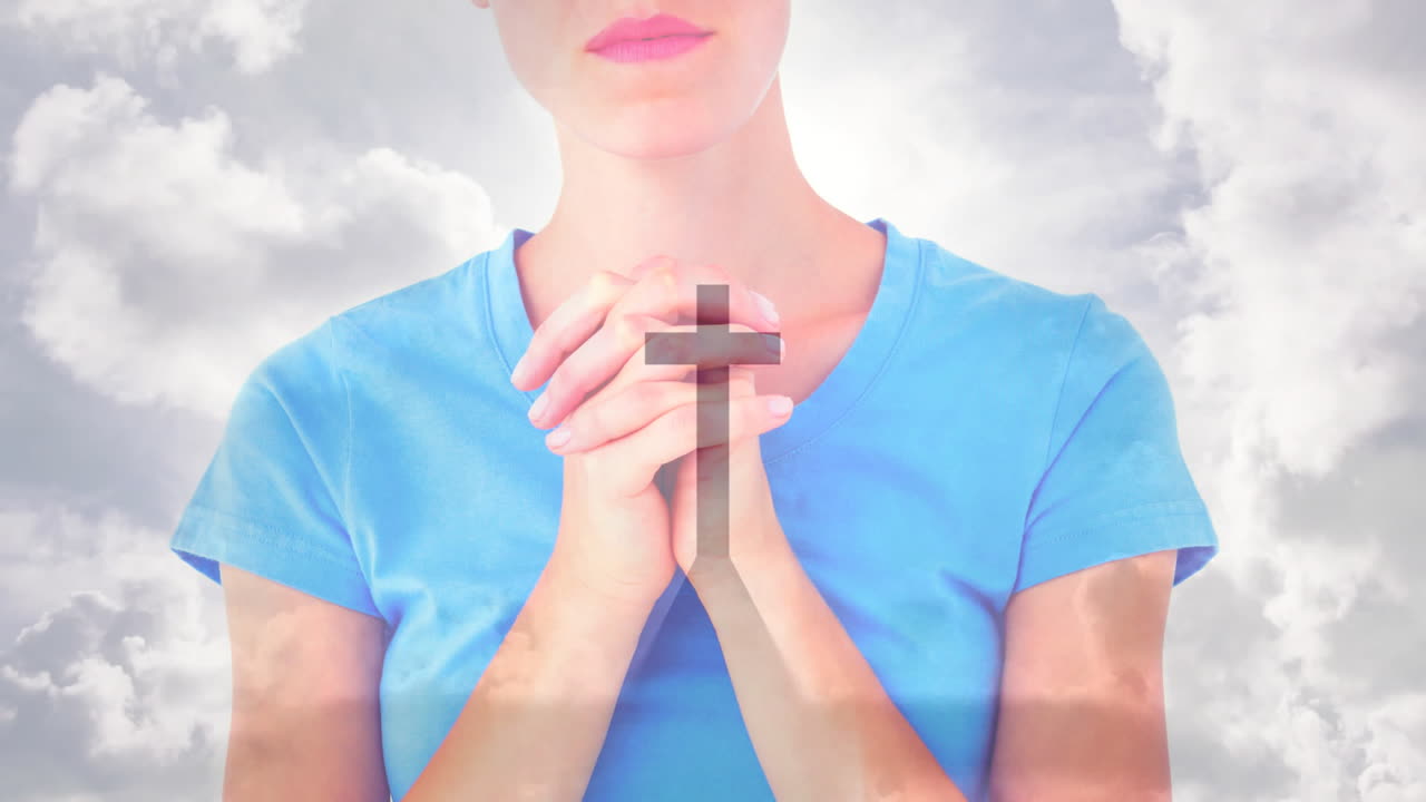 Woman praying in spiritual health animation with floating cross over cloudy background