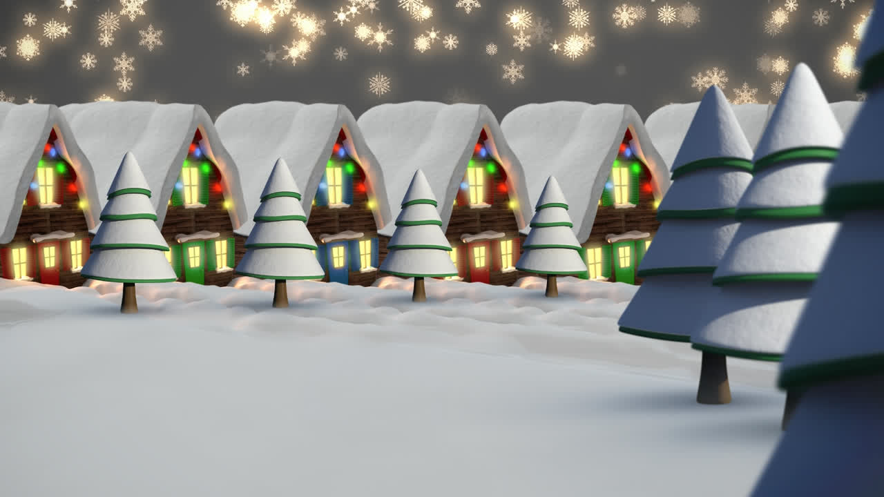 Animación de nieve cayendo sobre casas con luces navideñas
