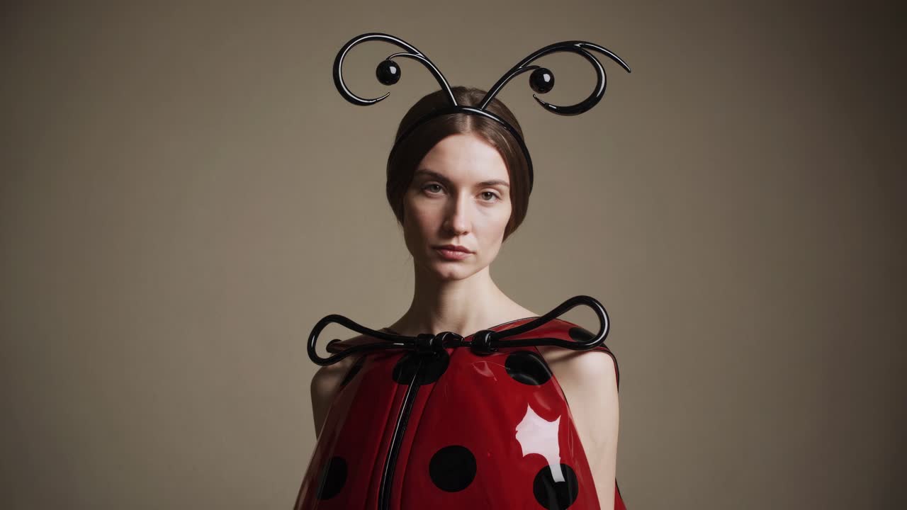 Fashion model posing in avant garde ladybug inspired ensemble, featuring red black polka dot top and distinctive black antenna headband, shot in professional studio setting