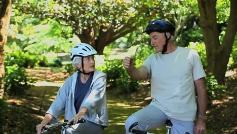 Elderly-couple-on-bikes-looking-at-the-way-ahead