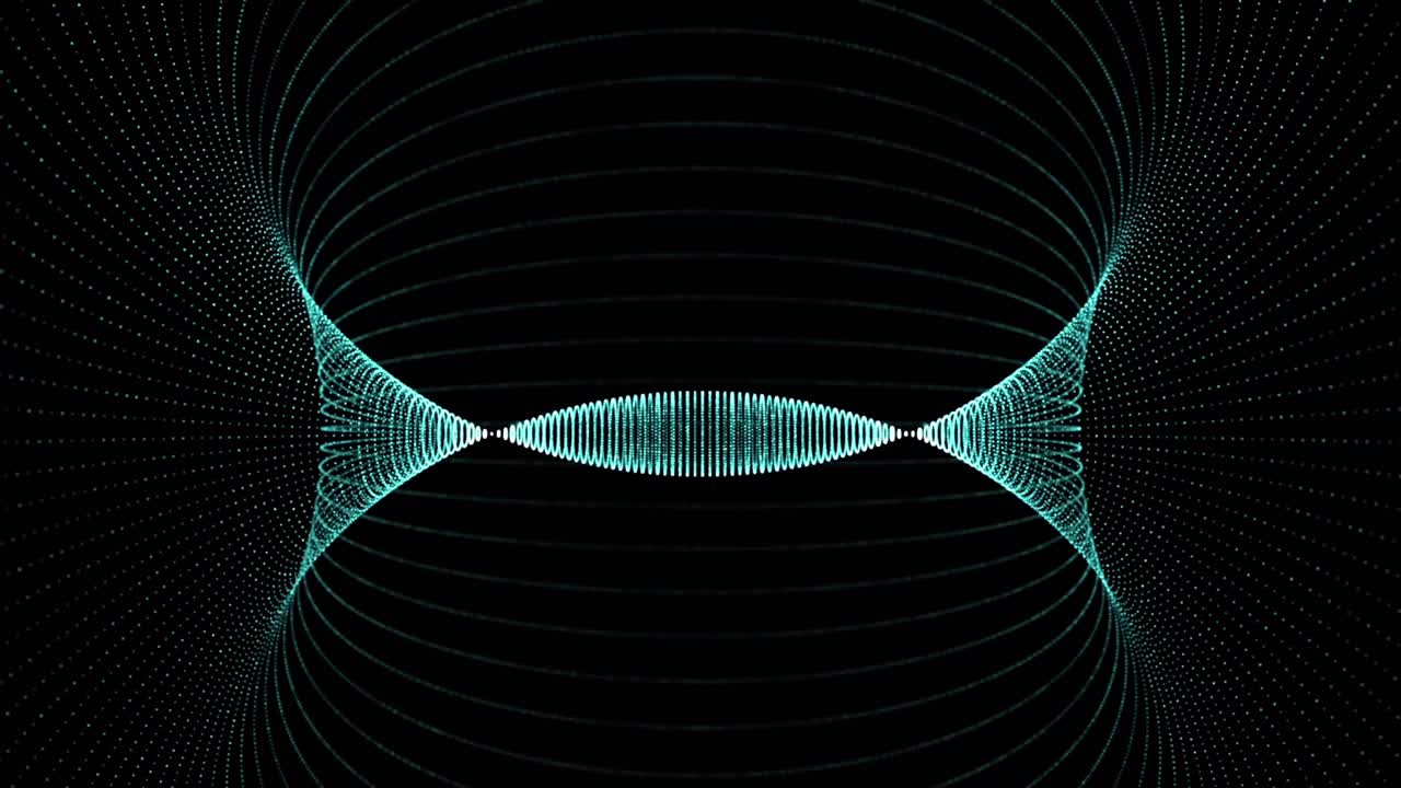 어두운 배경에서 추상적인 반이는 파란색과 초록색 선과 모양