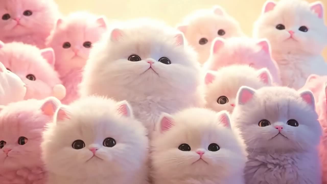 A group of fluffy kittens with pastel colors, captured from a front-facing angle, resembling a cute