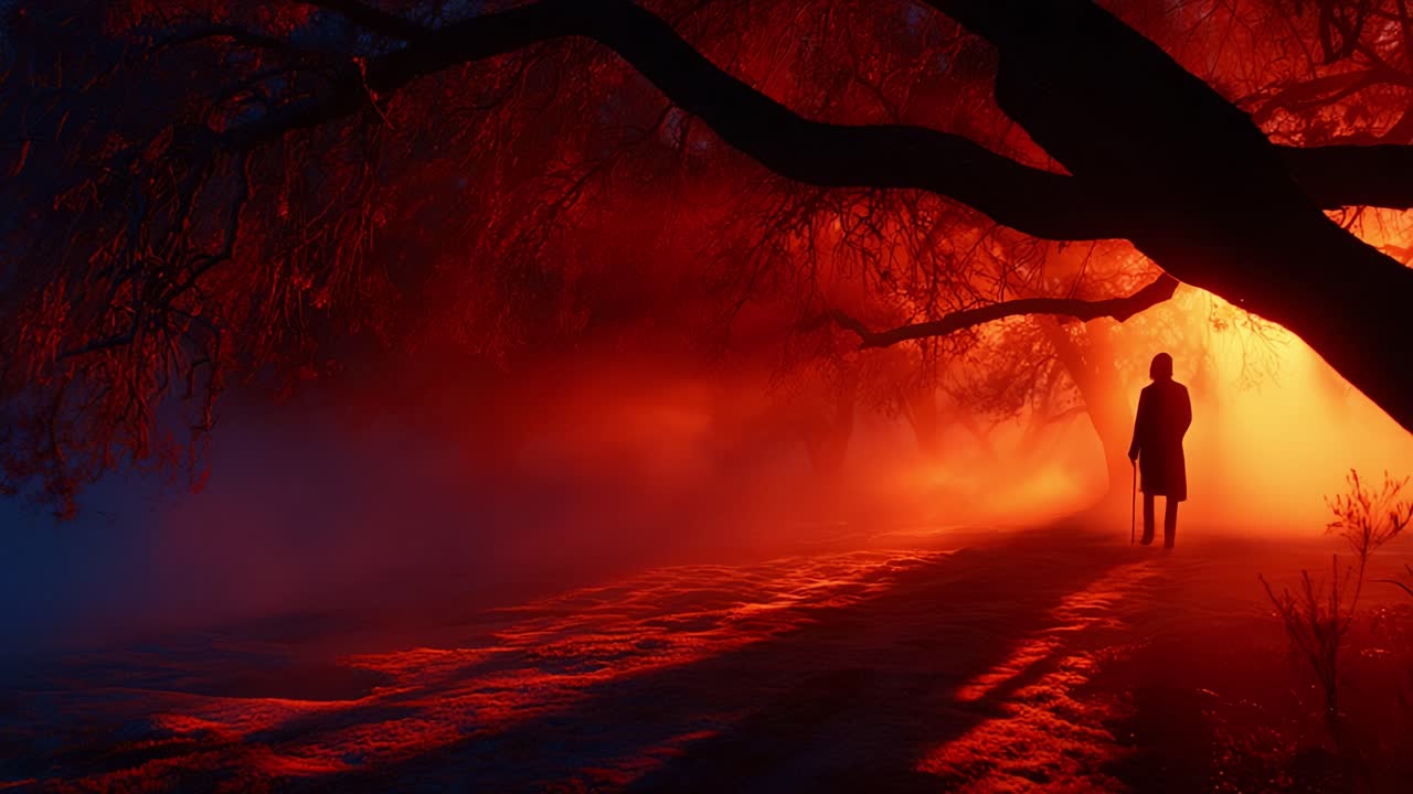 A solitary figure traverses a mystical landscape illuminated by a fiery glow, surrounded by darkened trees and swirling mists that create an otherworldly atmosphere of tranquility and solitude