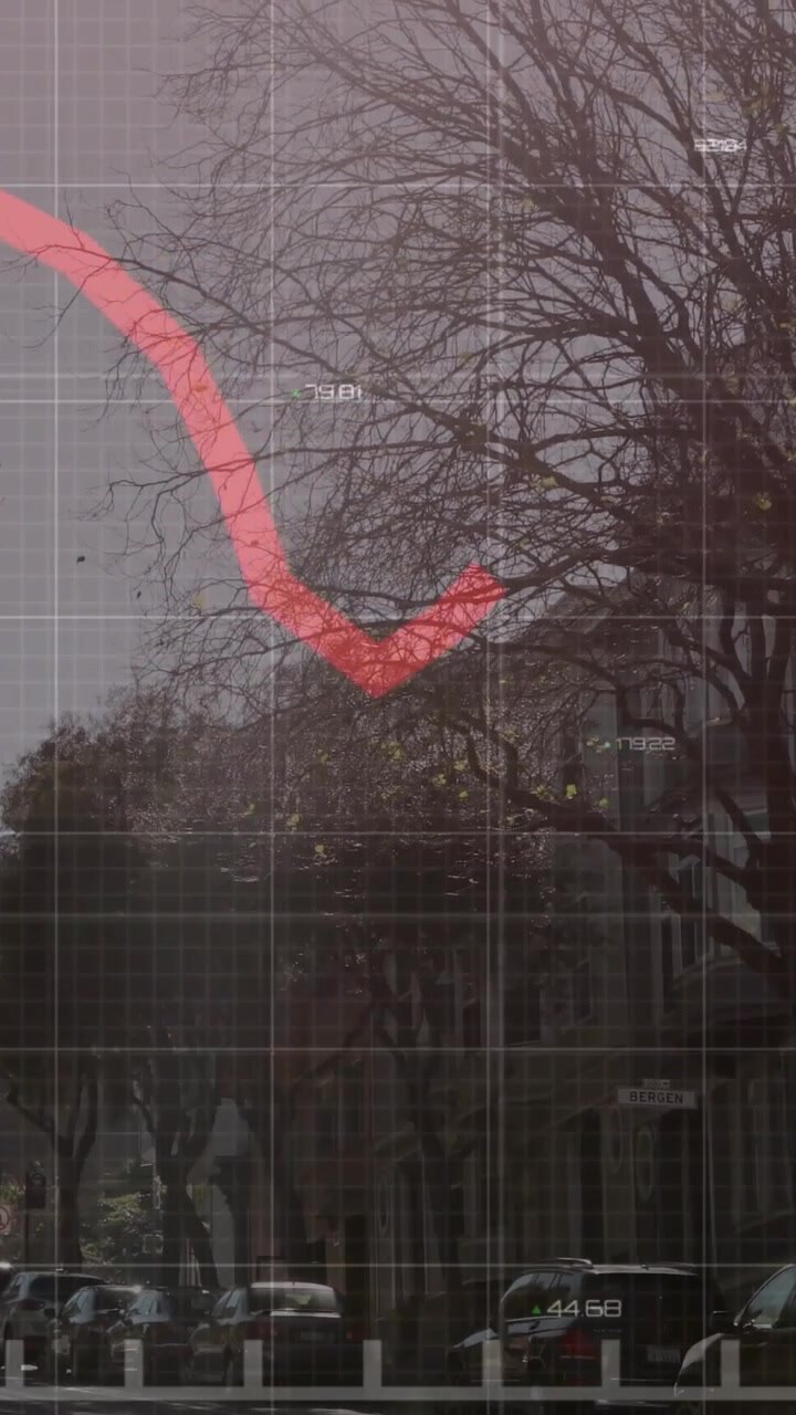 Vertical video: Red data line crossing bare branches, numbers appearing and mapping finance on grid