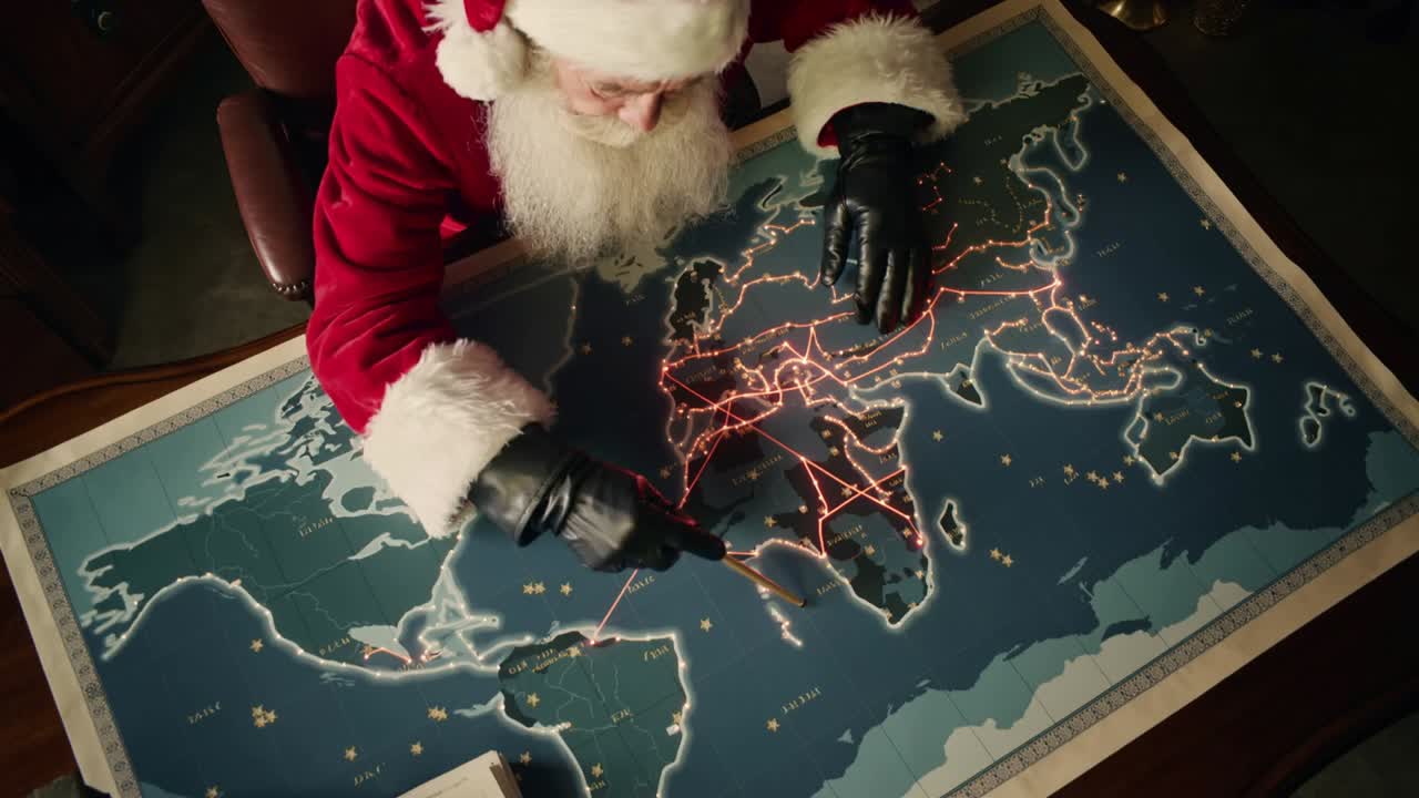 Leaning forward Santa Claus plotting delivery route on world map at desk, following glowing lines