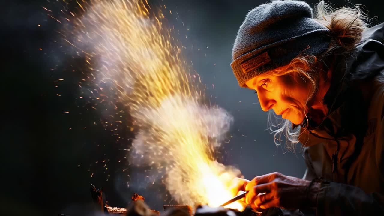 A Close-Up View of a Woman Creating Sparks While Engaged in Fire-Making Techniques, Demonstrating Survival Skills and the Art of Ignite in a Natural Setting