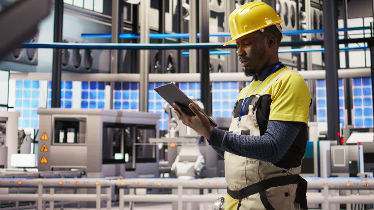 Vertical video Industrial plant technician using tablet to implement green energy solutions