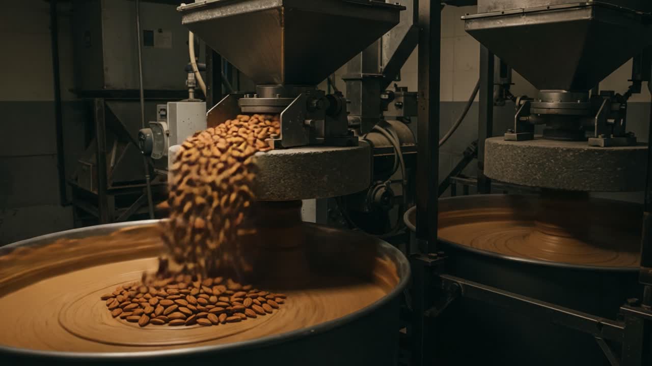 A Behind-the-Scenes Look at the Almond Processing Factory: Observing the Efficient Flow of Raw Almonds into a Grinding Machine for Butter Production
