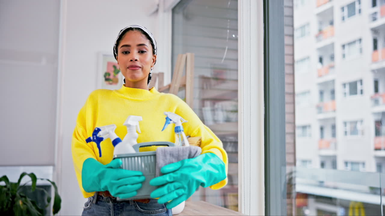 limpiador, cara y mujer con canasta de productos químicos