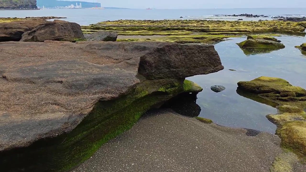 Lastre di arenaria stratificata con pozze di marea e rocce coperte di alghe a Sagye Beach, con una piccola isola costiera visibile attraverso il mare calmo.