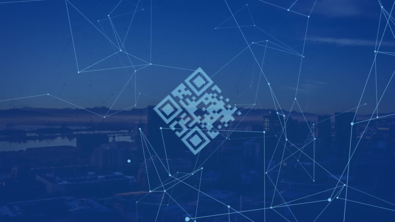 animación del código qr sobre puntos conectados sobre vista aérea de la silueta del paisaje urbano moderno