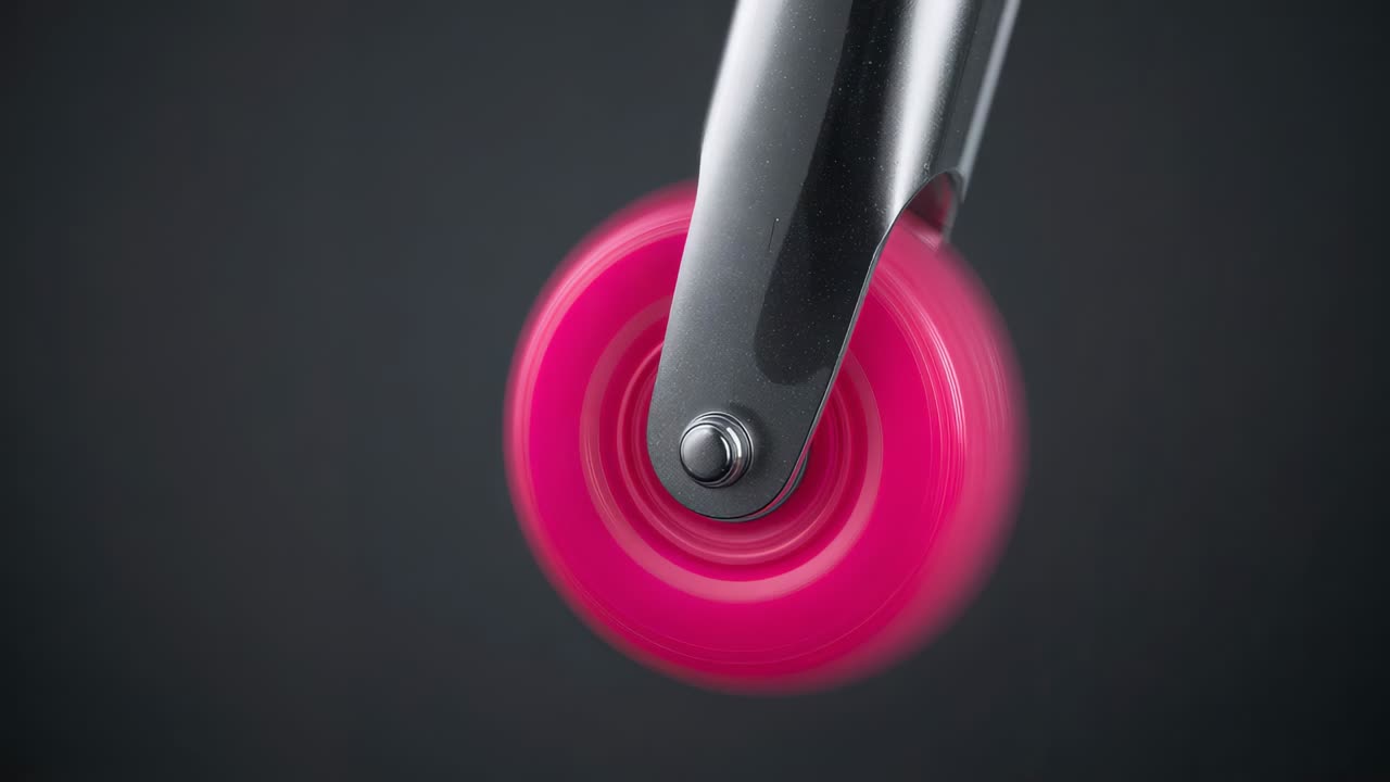 Spinning magenta caster wheel with fork tilting left in studio as spin starts, revealing axle head