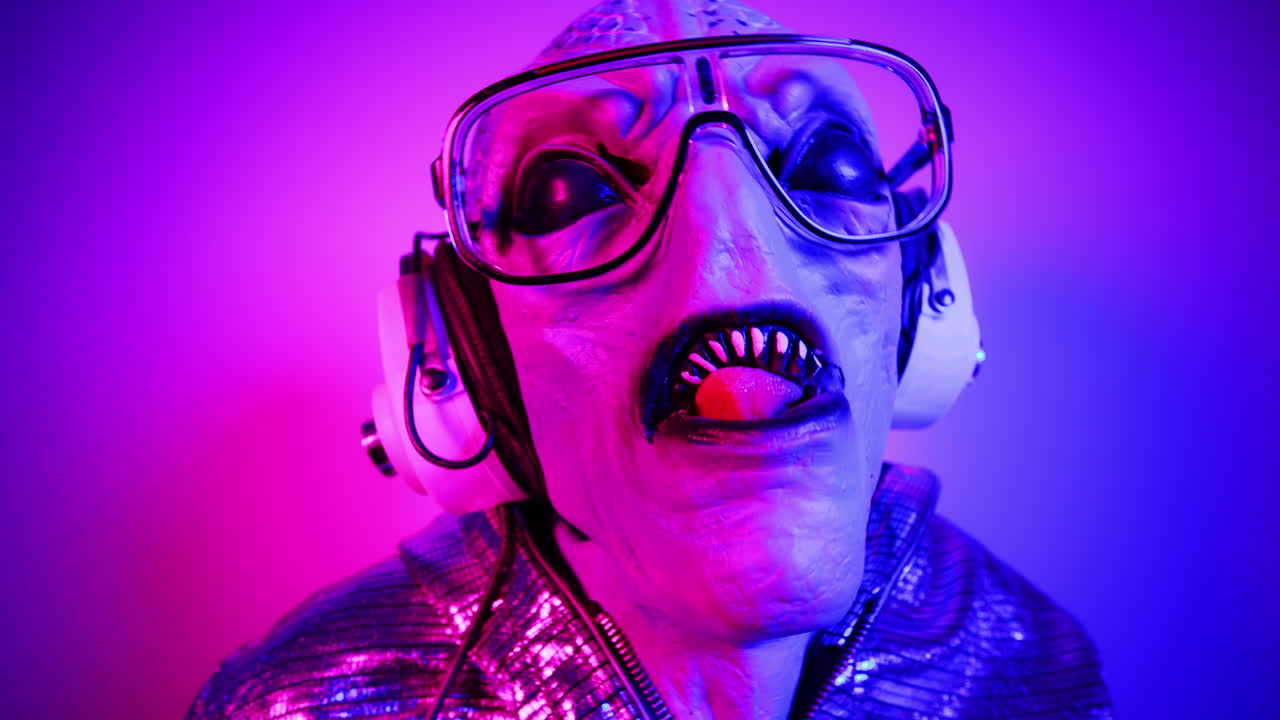 Creatura aliena futuristica con cuffie e occhiali sotto luce al neon
