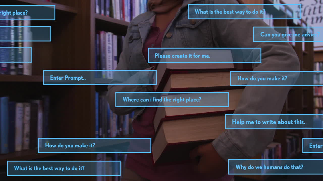 Animation of ai text and data over biracial female student in hijab with books