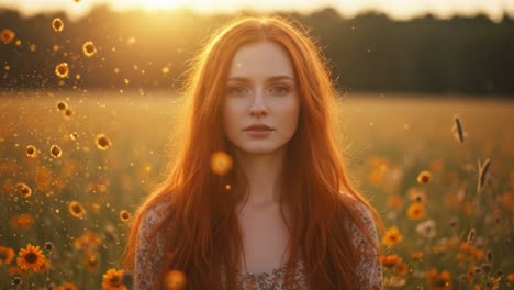 a serene portrait of a young woman with flowing red hair, surrounded by vibrant sunflowers in a golden-lit field, capturing the essence of tranquility and beauty in nature