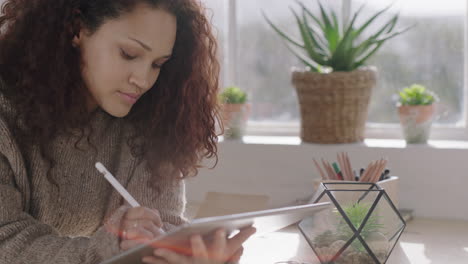 Junge-Frau-Mit-Gemischter-Abstammung-Zeichnet-Mit-Einem-Tablet-PC-Stift-Und-Skizziert-Kreative-Ideen.-Freiberufliche-Designstudentin,-Die-An-Tragbarer-Touchpad-Technologie-Arbeitet