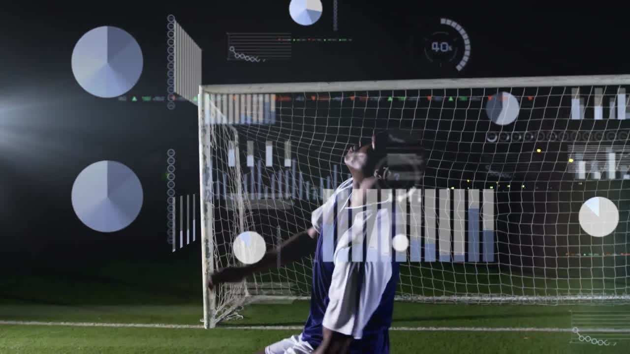Animation of multiple graphs and computer language over african american player kicking soccer ball
