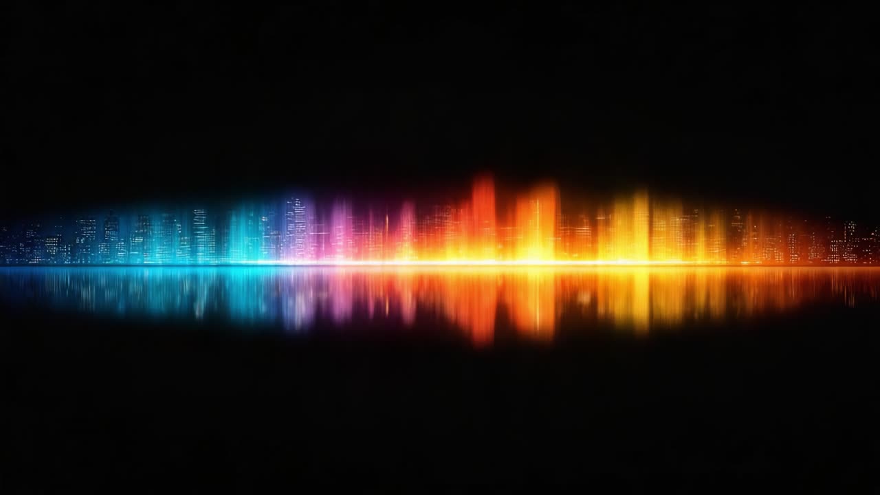 Vibrant Spectrum Waves: A Mesmerizing Display of Color and Light Reflected Against a Dark Background, Evoking the Energy of Sound and Rhythm
