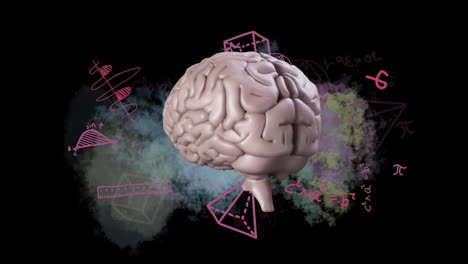 cerebro girando contra ecuaciones matemáticas en un fondo negro