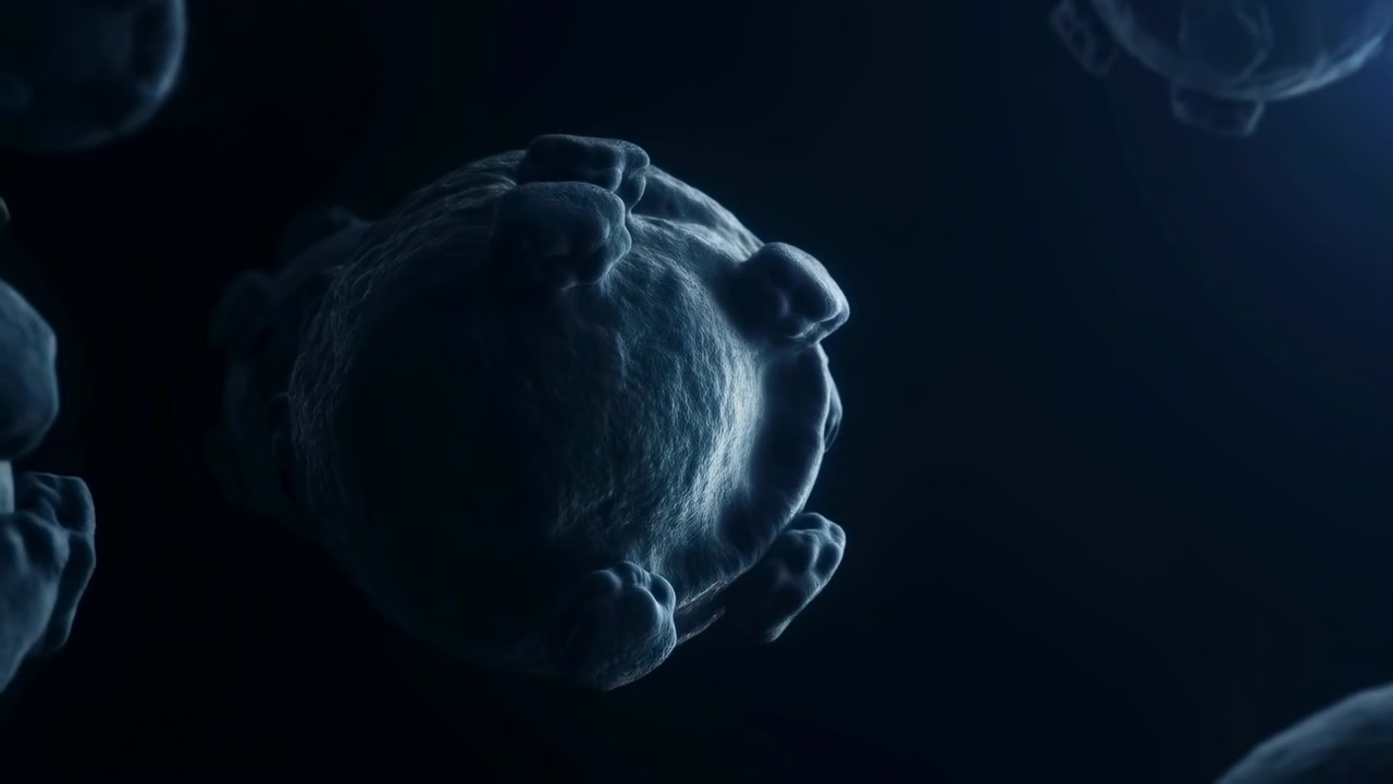 Sfere biologiche raggruppate ruotano e si riorientano nello spazio buio, rivelando membrane texturizzate, noduli arrotondati, profili sovrapposti, un debole bagliore caldo, luce fredda sui bordi e un contrasto elevato e suggestivo.