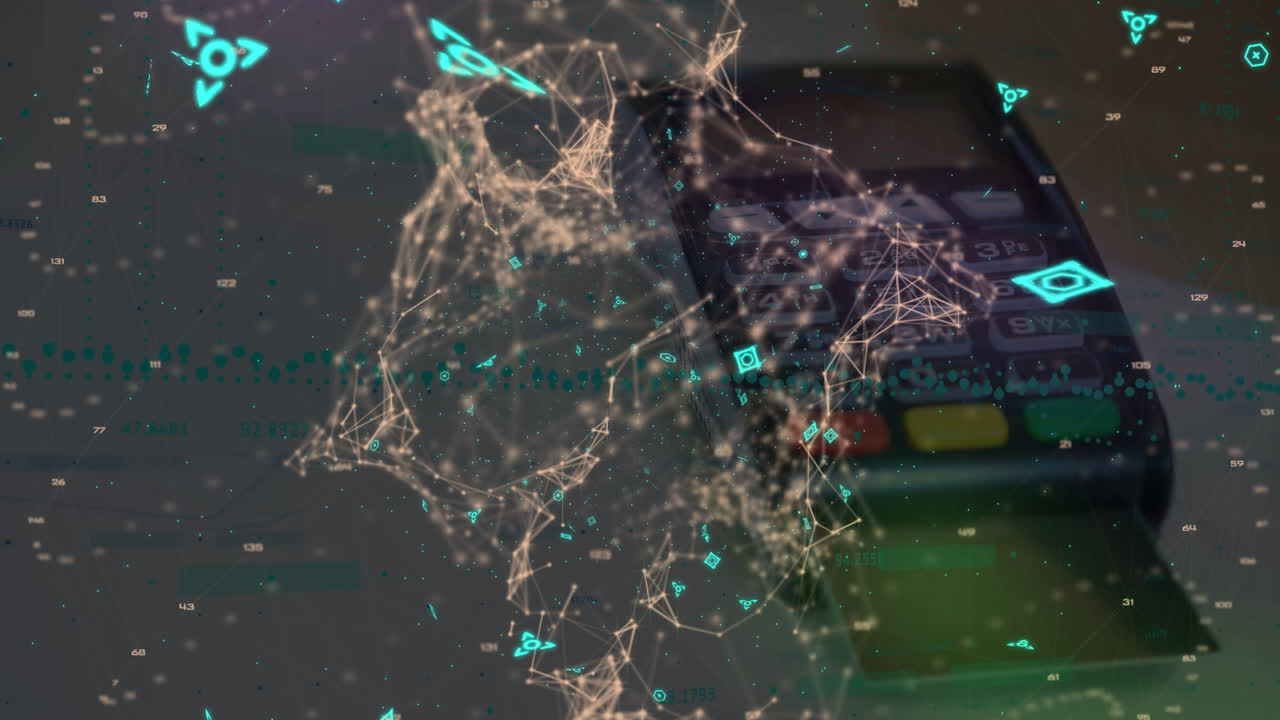 animación de datos financieros, puntos de conexión, código de barras sobre el lector de tarjetas de crédito