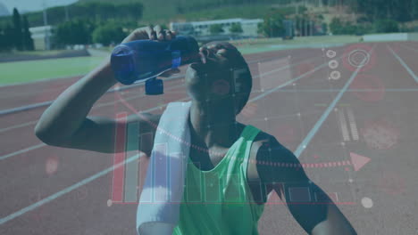 drinking water after workout, athlete on track with fitness data animation