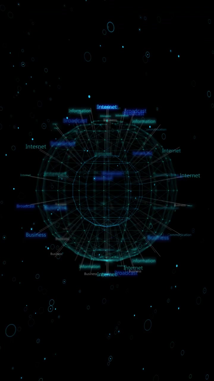 Global internet network sphere background with floating business text polygon connections and dark