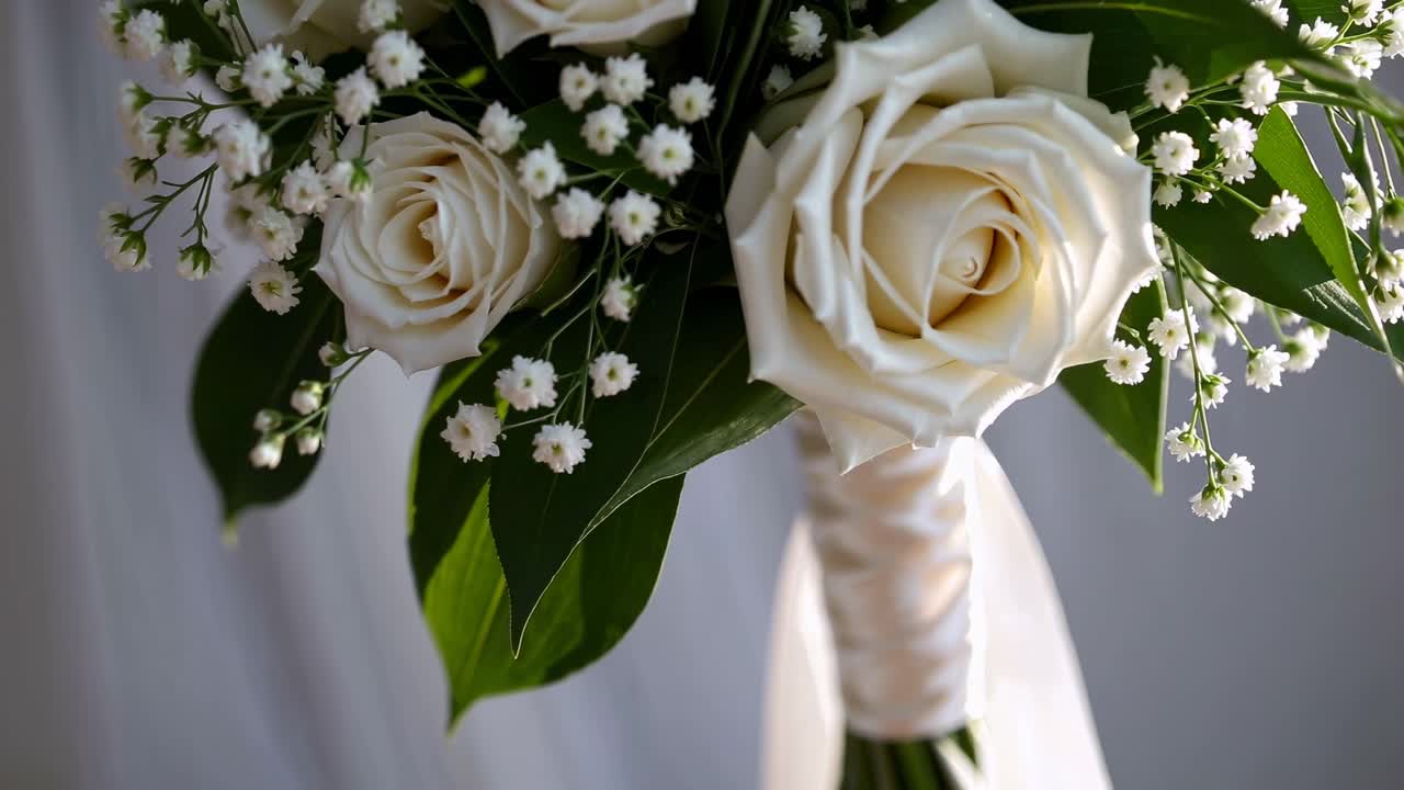 Close-up video of a bouquet with white roses and baby's breath, captured from a side angle