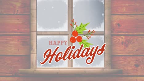 Animation-Von-Frohen-Feiertagen,-Weihnachtstext-Mit-Heiligem,-über-Dem-Winter-Verschneiten-Fenster