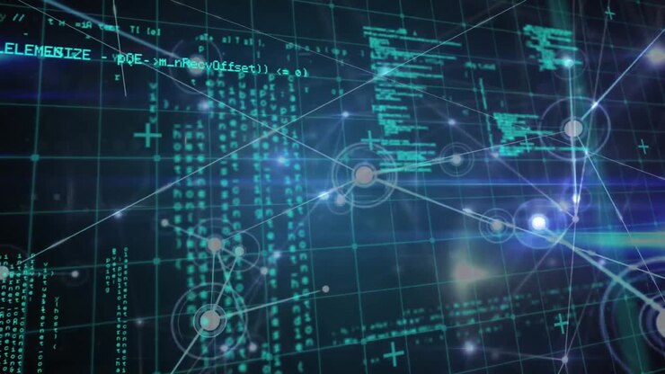 Animation of data processing and network of connections over computer circuit board