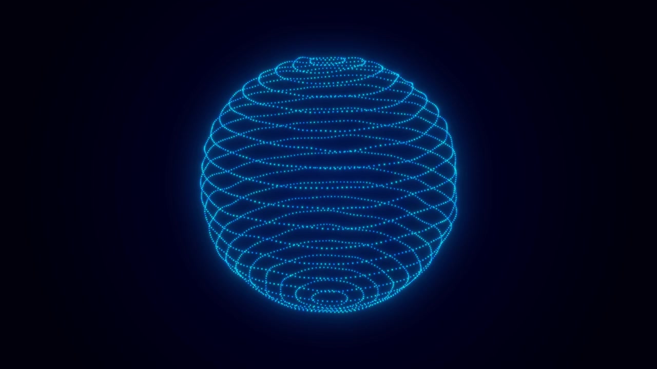 Rotating Blue Digital Particle Sphere on Dark Background