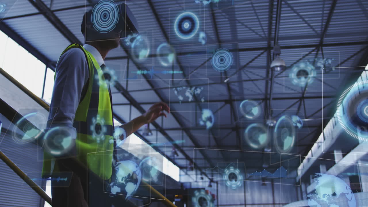 animazione dell'elaborazione dei dati con scansione dello scopo su un lavoratore maschio afroamericano in magazzino