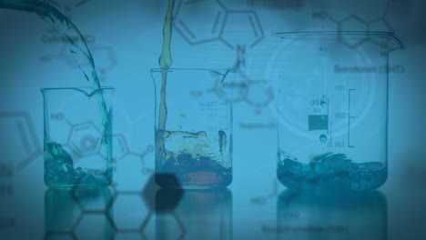 animation of molecule structures over chemical falling in laboratory flasks against blue background