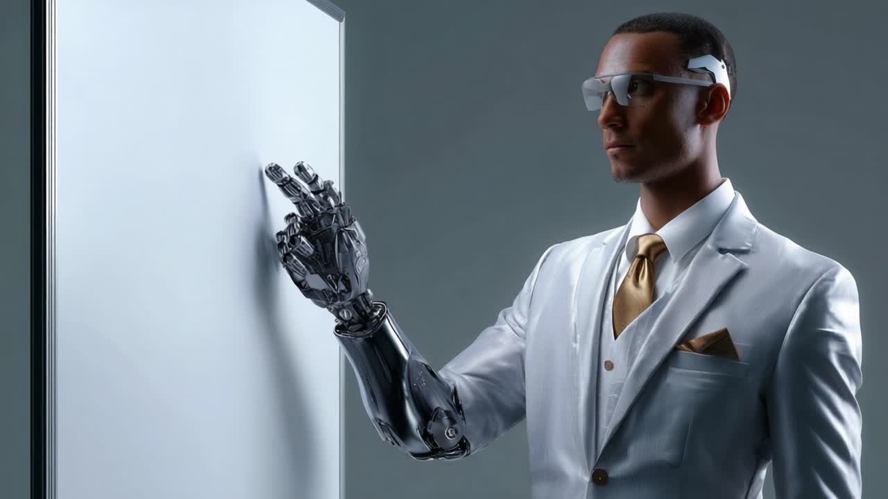 A futuristic humanoid robot with a sleek design and a robotic arm interacts with a blank whiteboard in a sophisticated, modern environment, showcasing advanced technology