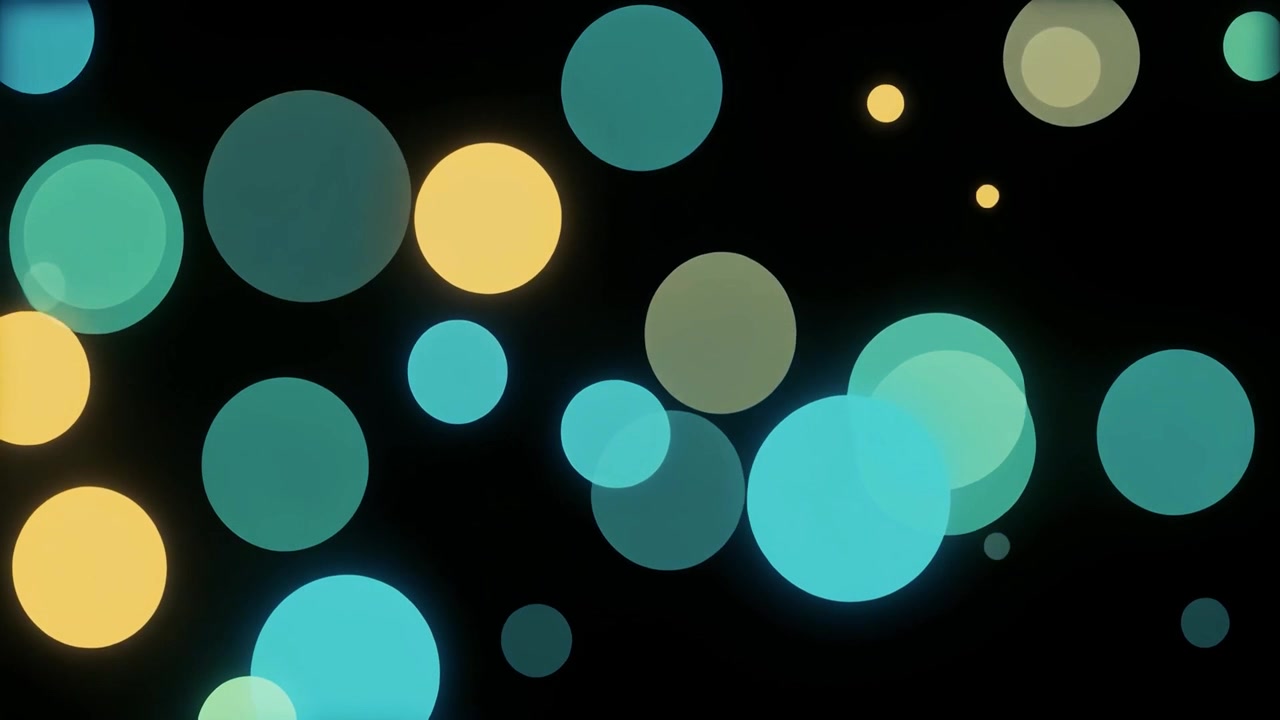 Fondo de movimiento abstracto con círculos bokeh flotantes de color verde azulado y amarillo