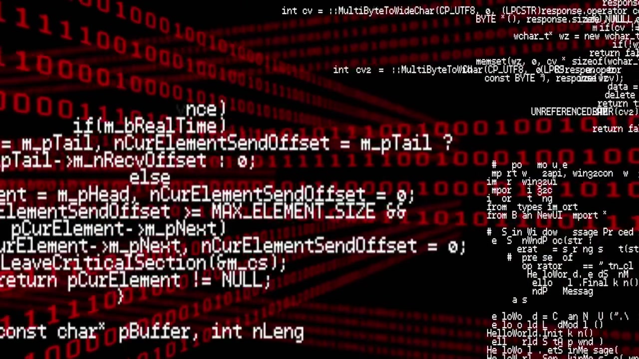 Animation of red binary code and data processing over black background