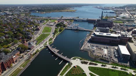 Aerial-of-a-city-with-a-river-and-bridges